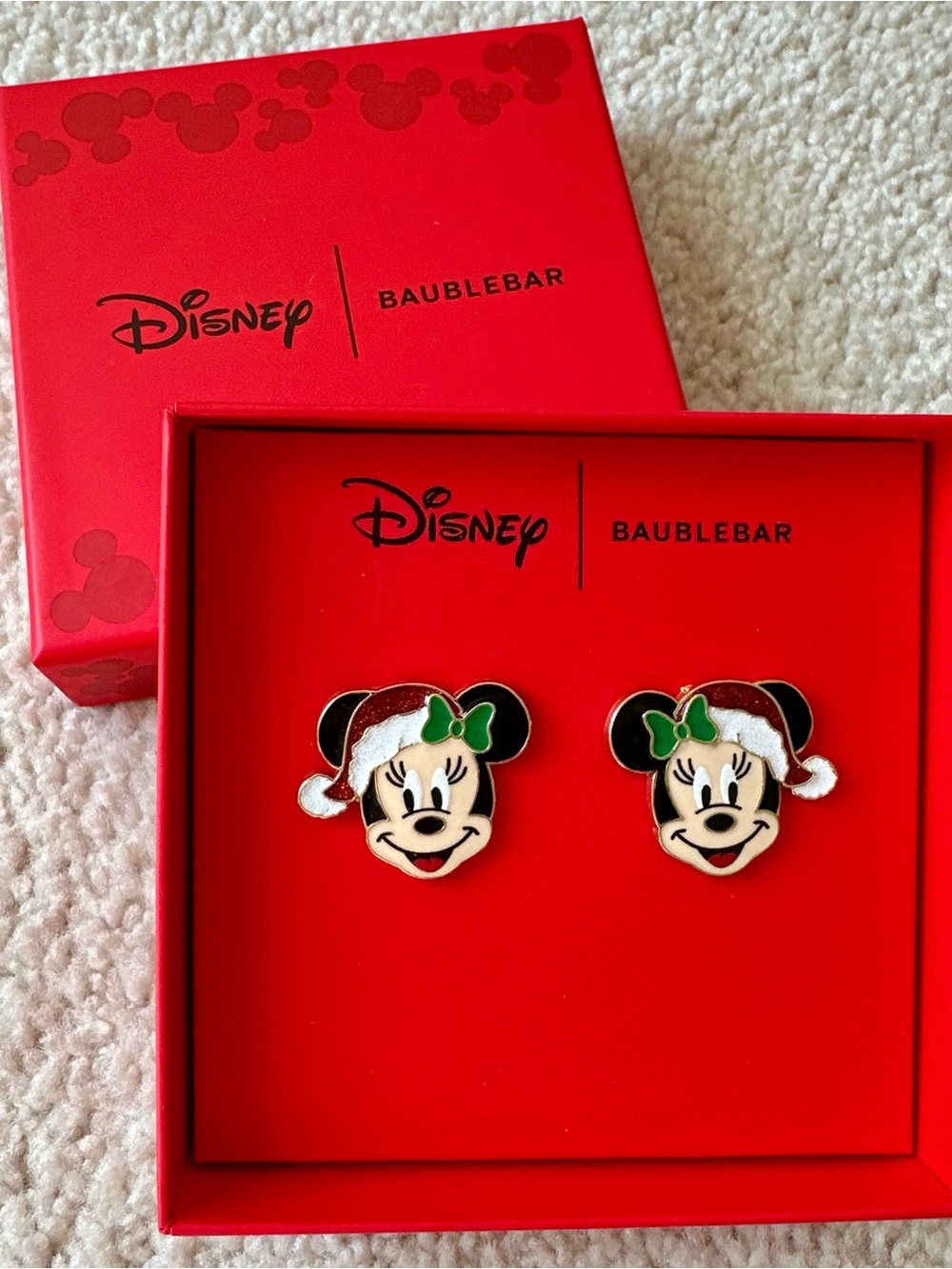 Disney x BaubleBar Minnie Mouse Christmas Santa Hat Stud Earrings NIB